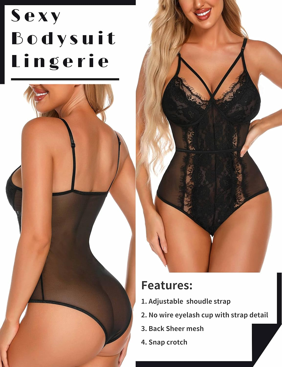 Women Sexy Eyelash Lace Bodysuit Snap Crotch Teddy Lingerie